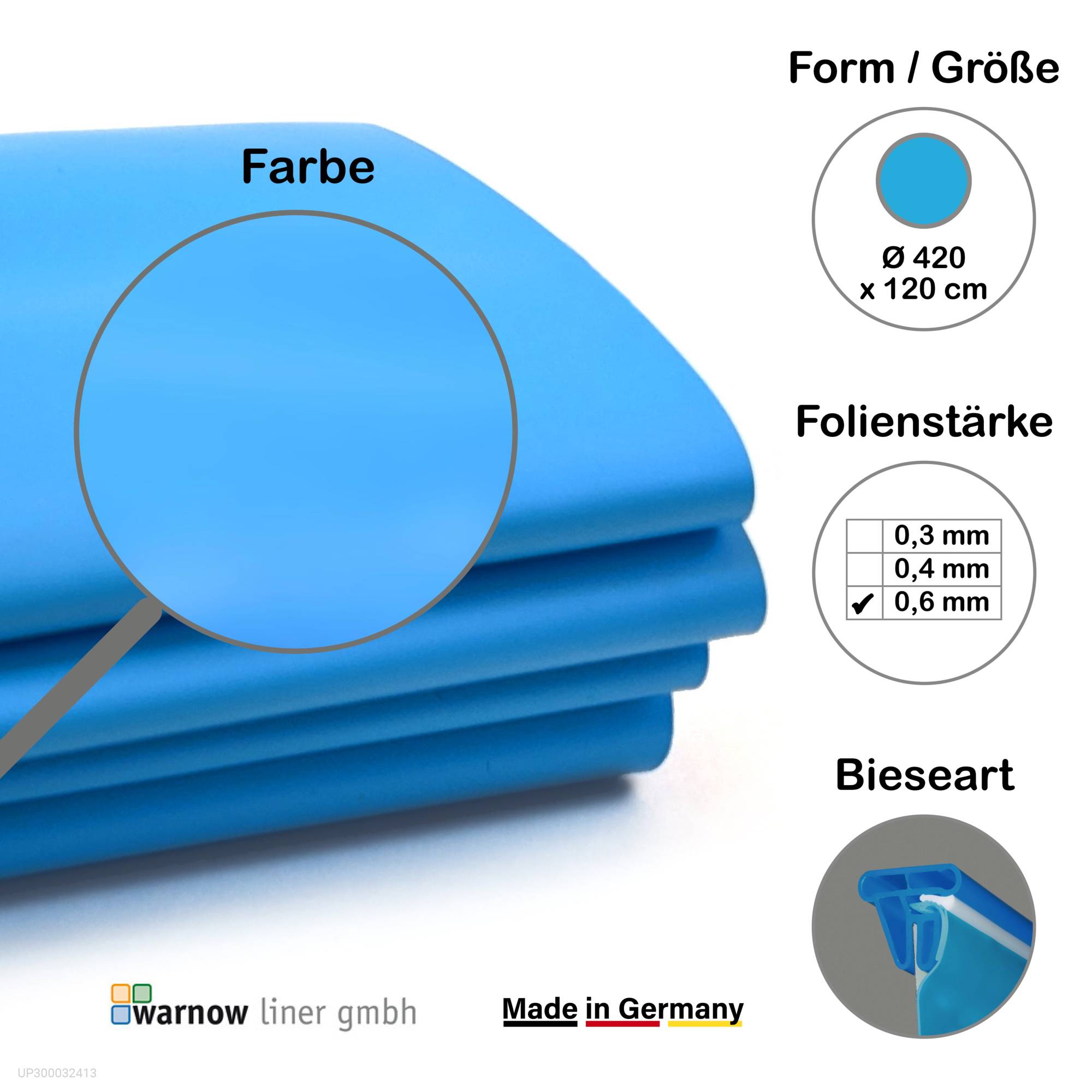 Premium Poolfolie für Rundpool, 420 cm x 120 cm, Stärke: 0,6 mm, blau, Keilbiese